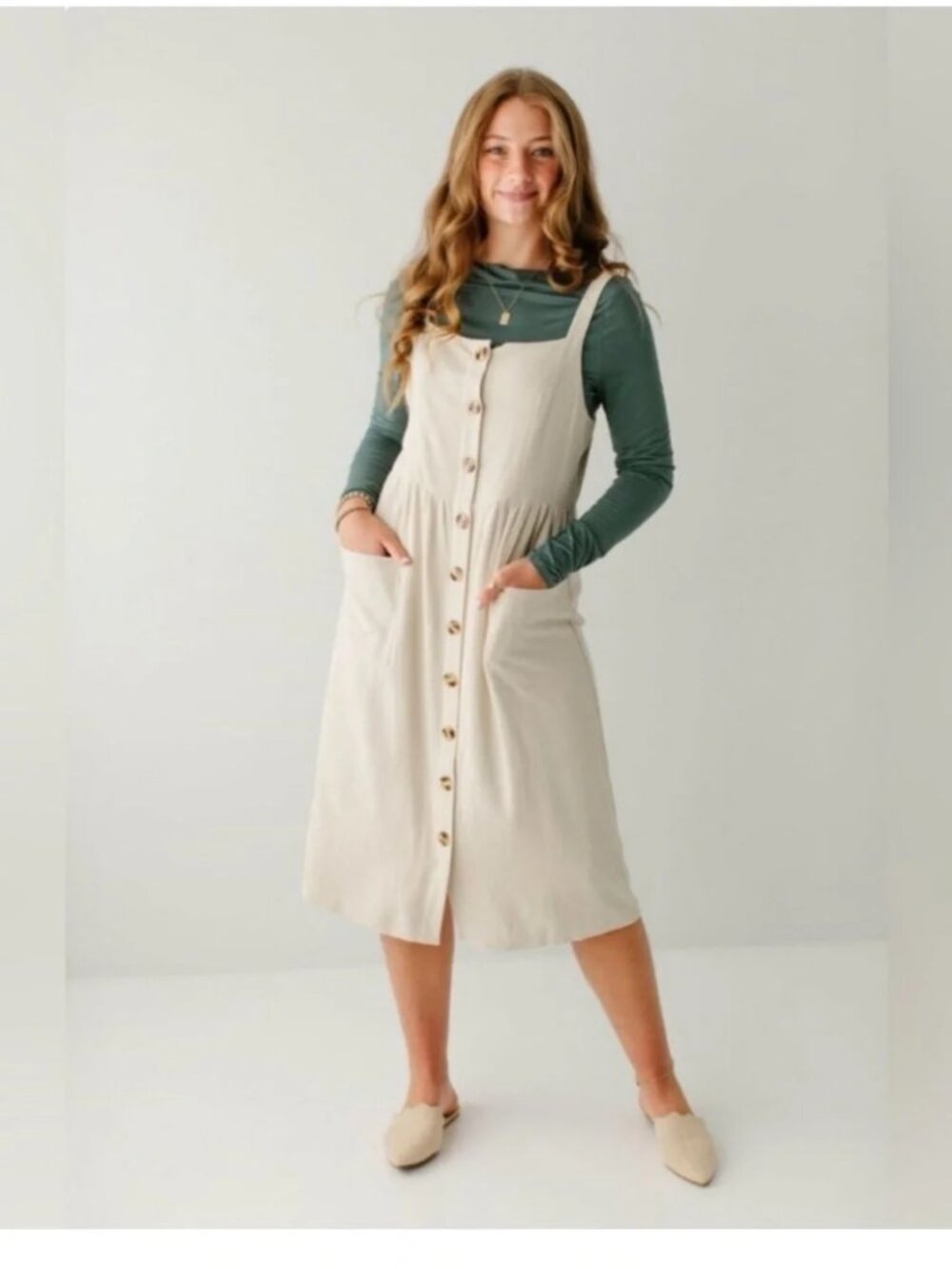 The Main Street Exchange Tan Beige Button Cora Linen Pinafore Jumper Sundress